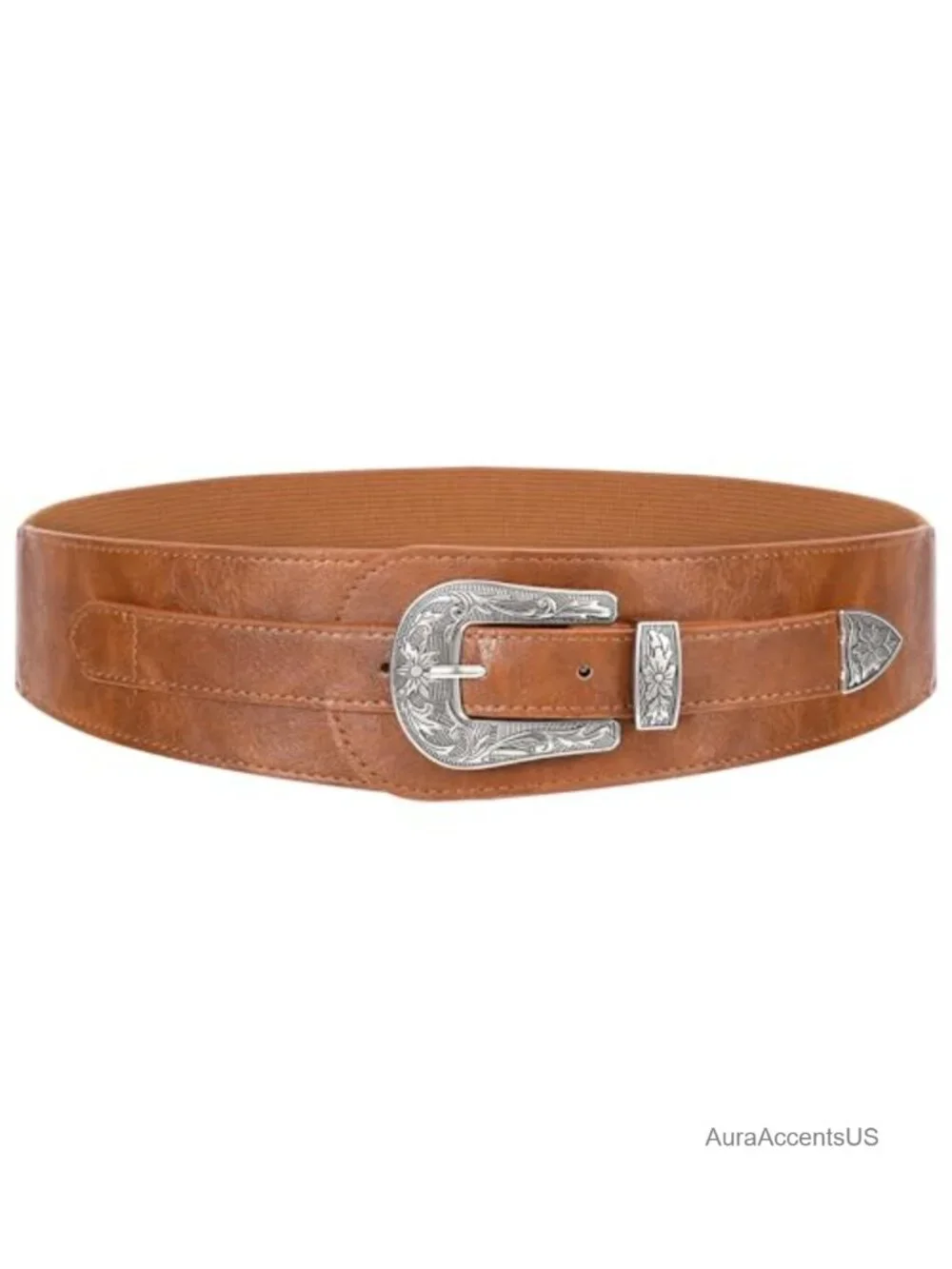 Vintage Studded Western 2in Wide Stretch PU Leather Belt